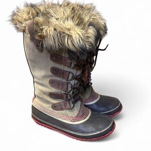SOREL Joan of Arctic Pebble/Deep Blush Winter Waterproof Faux Fur Boots Womens 8